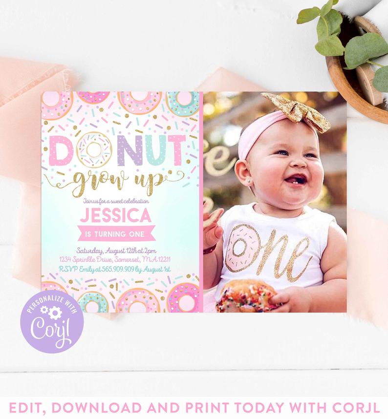 Donut Grow Up Birthday Invitation Donut Grown Up Invitation Donut 1st Birthday Party Invitation Instant Download Editable File Corjl D8