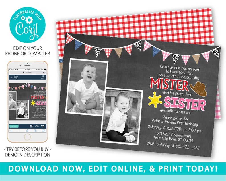 Cowboy and Cowgirl Birthday Invitation, Siblings Birthday Invitations, Western Joint Birthday, Mister and Sister Twins Birthday Invite