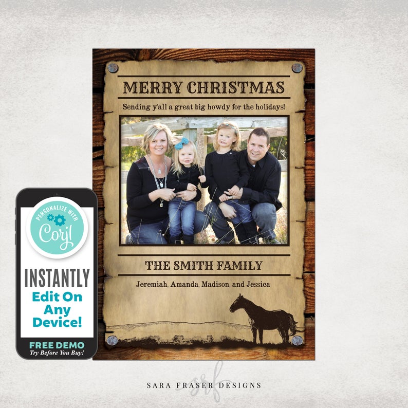 Cowboy Western Wanted Rustic Old West Christmas Photo Card Template Corjl – 5×7 – 2 Sided, Front & Back – Instant Download
