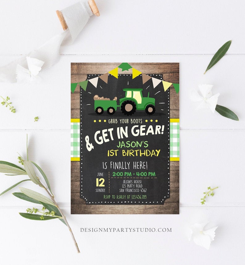 Editable Tractor Birthday Invitation Farm Birthday Barnyard Green Yellow Birthday Boy Download Printable Invitation Template Corjl 0095
