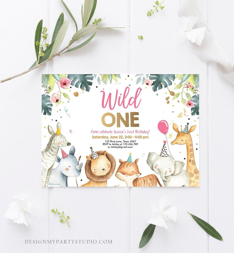 Editable Wild One Birthday Invitation Girl Safari Animals Invite Pink and Gold Party Animals Download Printable Template Corjl Digital 0163