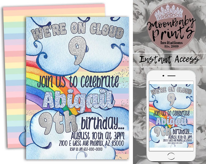 Cloud Nine Birthday Invitation, Cloud 9, Rainbow Birthday Invitation, Clouds Birthday Theme, Cloud Nine Party Supplies, Digital Download
