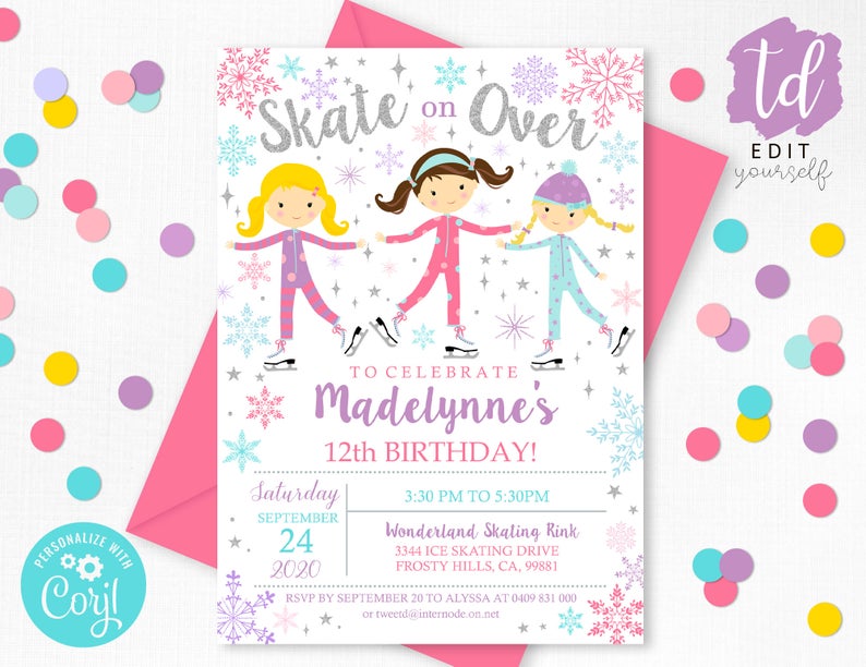 ICE SKATING PARTY Invitation Instant Download Ice Skating Invitation Ice Skating Party Ice Skating Birthday Editable Ice Skating Girl Corjl