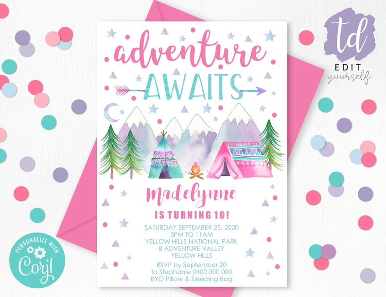 Girl CAMPING INVITATION Editable Camp Birthday Invitation Sleepover Invitation Girl Glamping Invitation Girl Adventure Camping Party Corjl