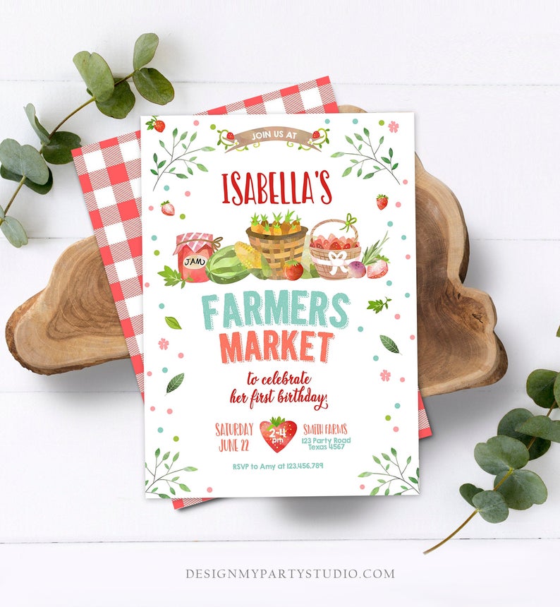 Editable Farmers Market Birthday Invitation Strawberry Home Grown Veggies Farm Fruits Market Download Printable Invite Template Corjl 0144