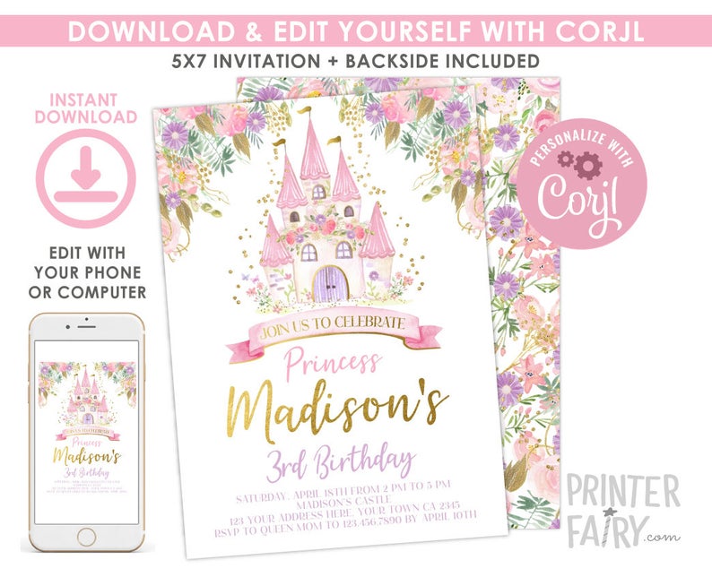 Princess Birthday Invitation, EDITABLE, Royal Birthday Invitation, Castle Birthday Party, Any age, EDIT YOURSELF Digital, Instant Download