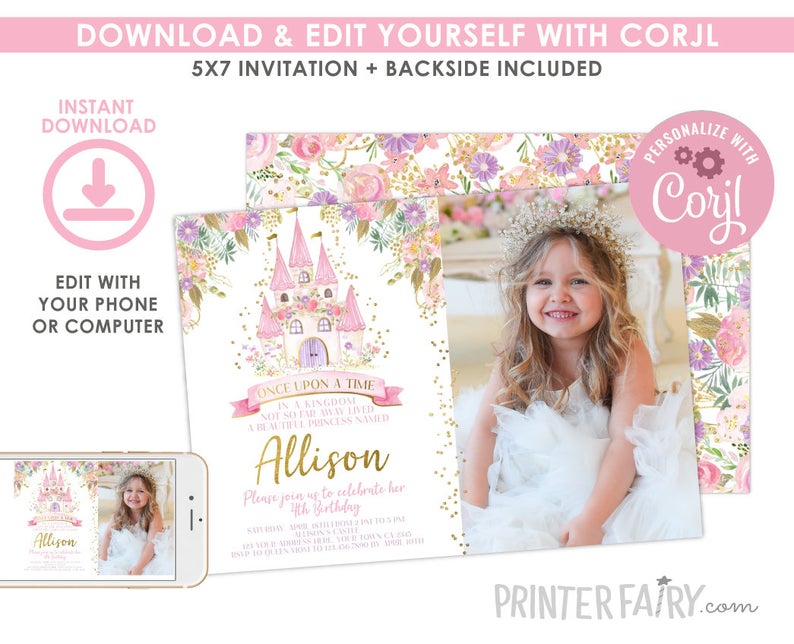 Princess Birthday Invitation with Photo, EDITABLE, Royal Birthday Invitation, Once Upon a Time, EDIT YOURSELF Digital, Instant Download