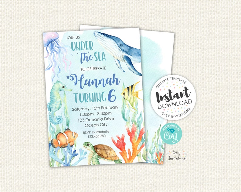 Editable Under The Sea invite, Under The Sea Invitation, editable invitation, editable invite, ocean invitation, ocean invite, whale invitat