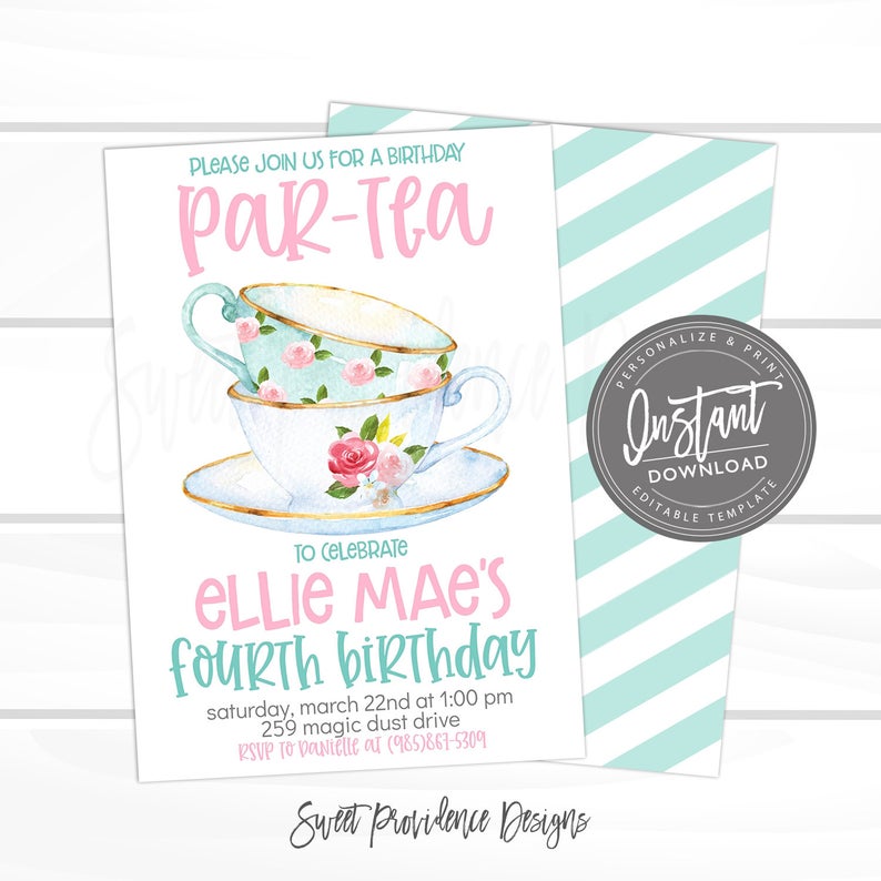 Tea Birthday Party Invitation, kids Birthday Virtual Par-Tea Invite, Pink Floral Tea Party, Editable Template, ANY Age, INSTANT ACCESS
