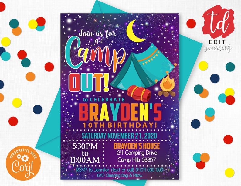 CAMPING INVITATION Editable Camp Birthday Invitation Sleepover Invitation Boy Camping Party Invitation Campout Party Boy Camping Party Corjl