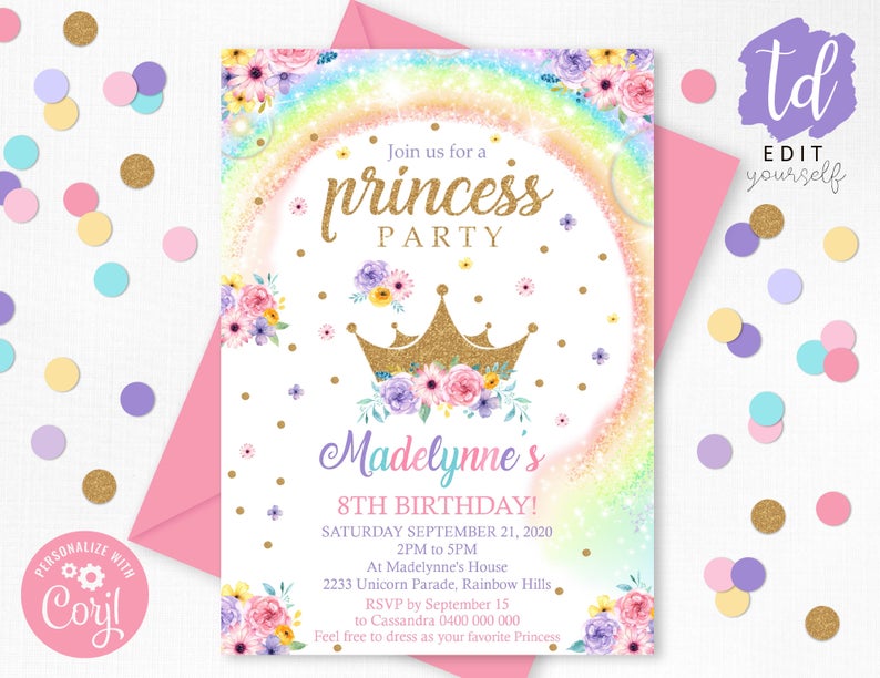 RAINBOW PRINCESS INVITATION Princess and Rainbow Invitation Instant Download Princess Crown Invitation Gold Princess First Birthday Corjl
