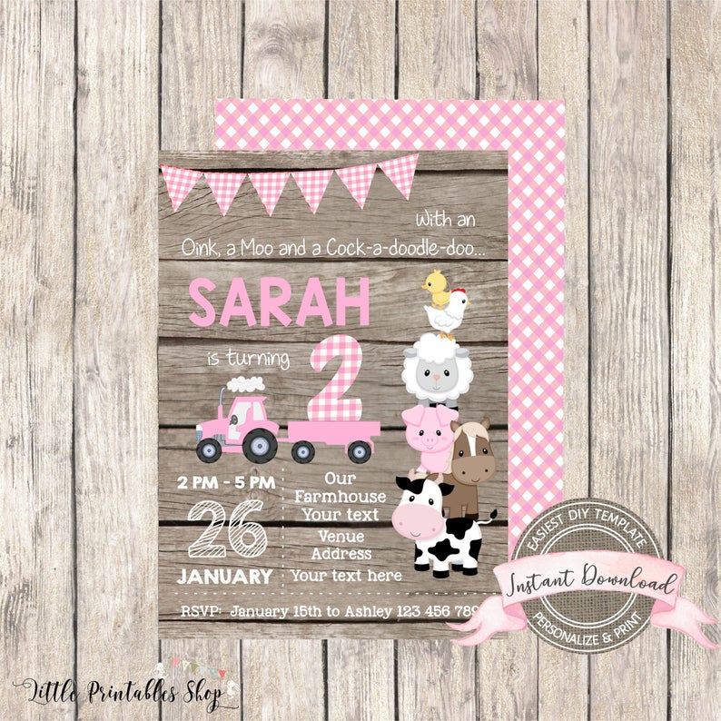 Editable Farm Birthday Invitation for Girl, INSTANT ACCESS, Pink Barnyard Invite, Printable Farm Template, Rustic Farm Party Invitation