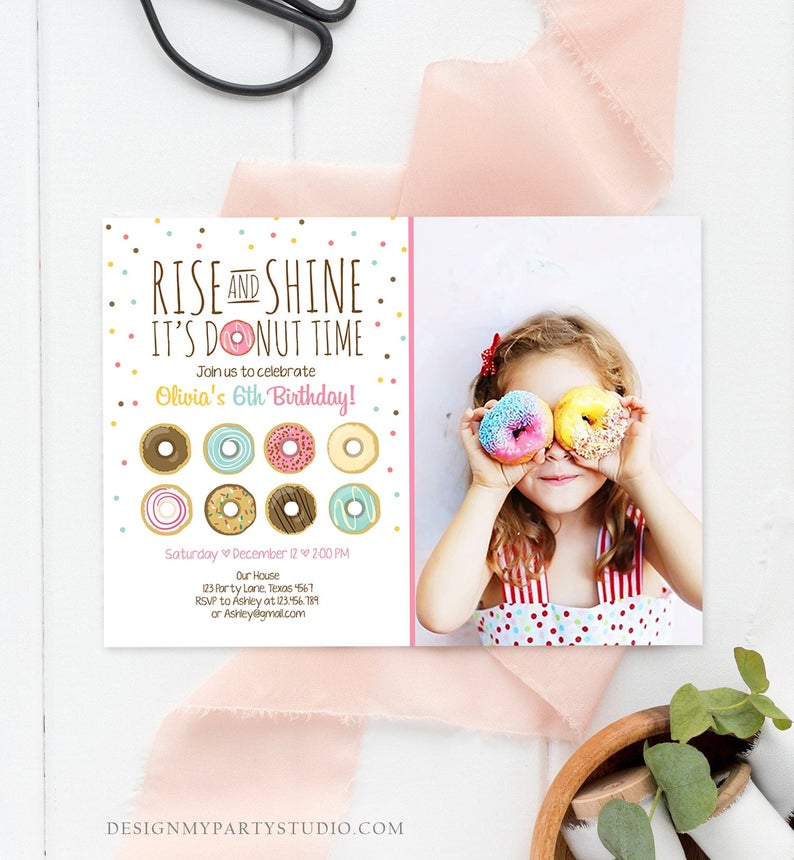 Editable Rise and Shine Donut Time Birthday Invitation ANY AGE Sweet Girl Birthday Party Pink Doughnut Digital Corjl Template Printable 0050