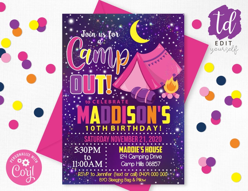 CAMPING INVITATION Editable Camp Birthday Invitation Sleepover Invitation Girl Camping Party Invitation Campout Party Camping Party Corjl