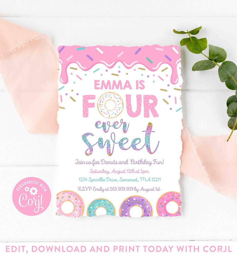 Editable Donut Four Ever Sweet Birthday Invitation Girl Donut 4th Birthday Party Pink Donut Birthday Party Instant Download Editable 9H