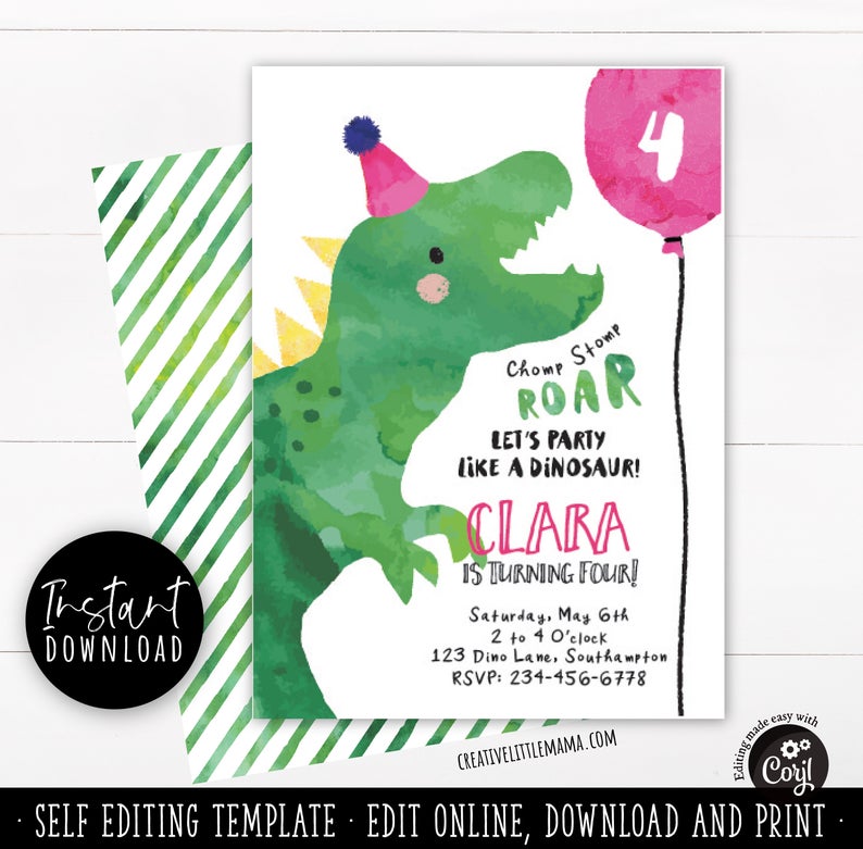INSTANT DOWNLOAD – EDITABLE Cute Dinosaur Baby Shower Invitation, Watercolor Gender Neutral Dino Invitation Template, greenery corjl invite,