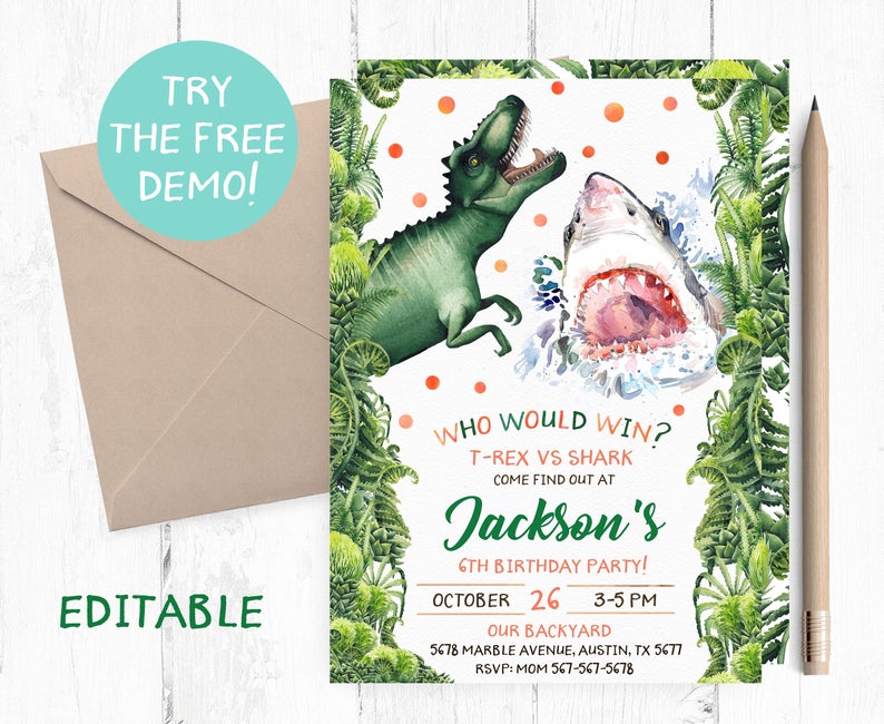 Editable Boy Dinosaur Shark Invitation, Dinosaur Shark Boy Birthday Party Invitation, Who would win Dinosaur Shark, Shark Dinosaur Template,