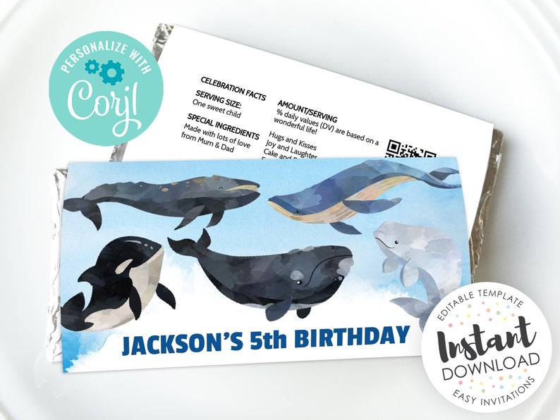 Whale birthday party, Whale party favors, ocean party favor, editable chocolate, whale birthday one, aldi wrapper, editable candy wrapper