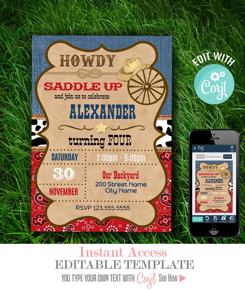 Western party invitations, cowboy or cowgirl birthday party, Editable invite, Instant download, Edit with Corjl, A230