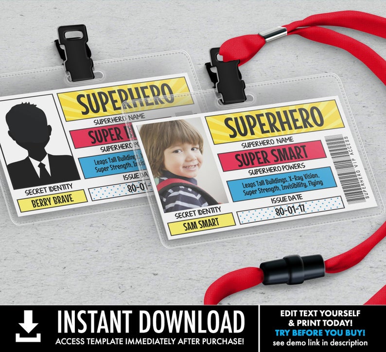 Superhero VIP All Access Pass/Badge, Superhero I.D. Badge,Superhero Birthday Party Favor | Self-Edit with CORJL – INSTANT Download Printable