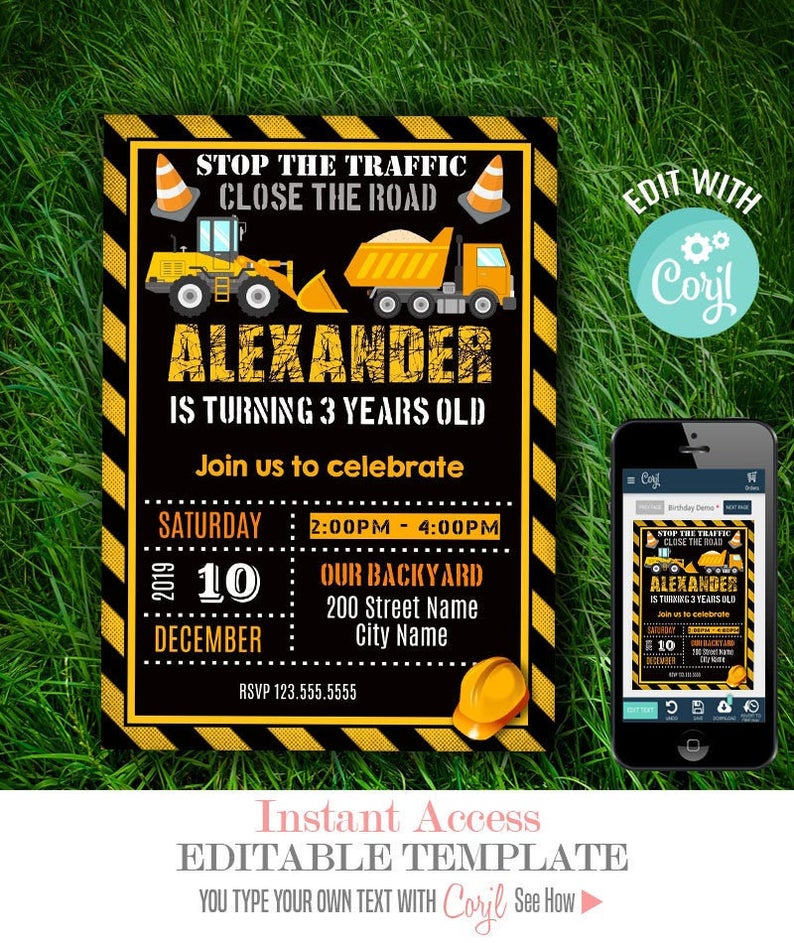 Construction invitation, birthday party, Editable invite, Instant download, Edit with Corjl, A267