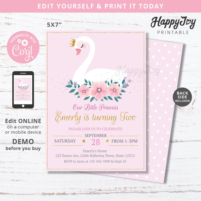 Princess Swan Birthday Invitation, Girls Pink Floral Swan Party Invite, Editable Digital File Template INSTANT Access Download, Self Edit