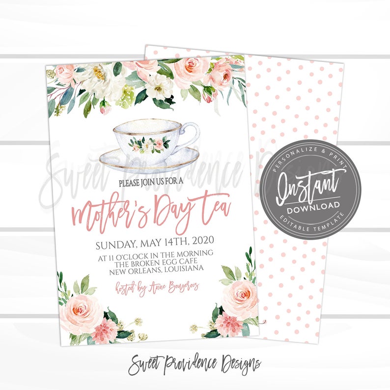 Mother’s Day Tea Invitation, EDITABLE Church Tea Invite, Mothers Day Brunch, Kraft Pink Floral, PRINTABLE, Instant Access