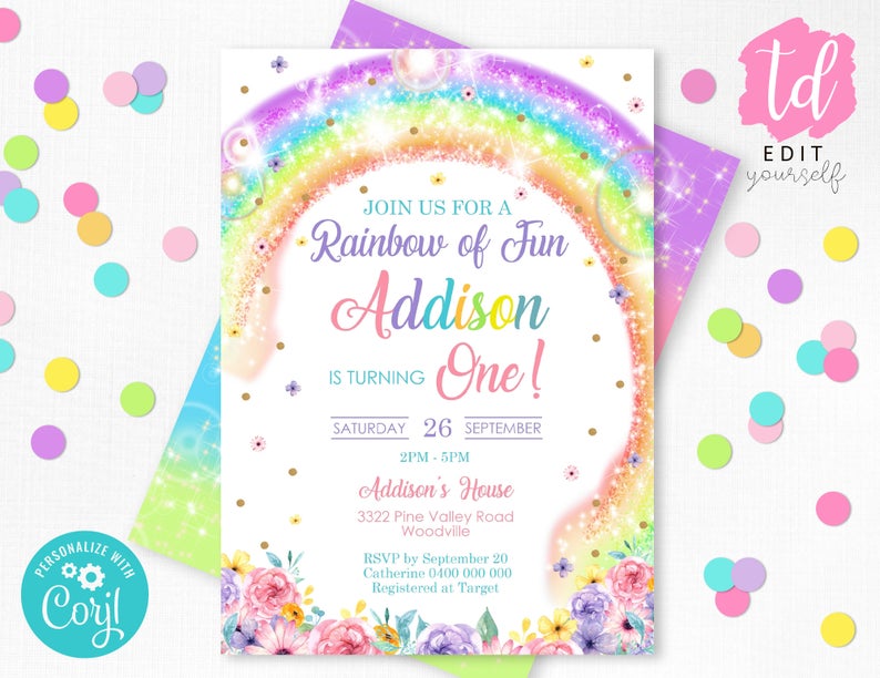 RAINBOW INVITATION Instant download RAINBOW Invitations Rainbow and Flowers Party Invitation Editable Rainbow Birthday invitation 0245