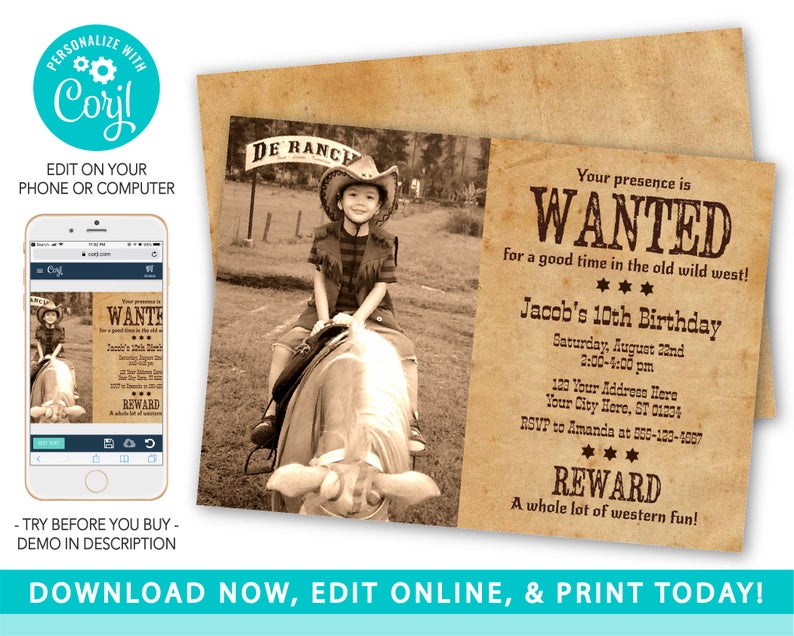 Wanted Poster Invitation, Wanted Birthday Invitation, Western Birthday Invite, Cowboy Birthday Party, Editable Wanted Invitation with Photo