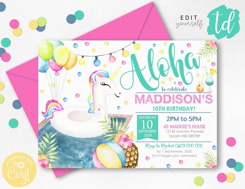 POOL PARTY Invitation Girl Pool Party Invitation Unicorn Pool Party Invitation Instant Download Pool Invitation Swim Aloha Invite Corjl 0274