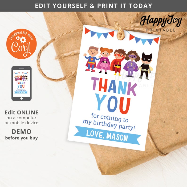Superhero Costume Party Favor Tag 2×3 Printable, Boy Girl Birthday Label Tag, Editable Template INSTANT Download, Self Edit with Corjl co19