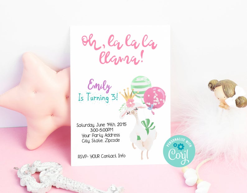 Llama Birthday Alpaca Editable Invitation Printable INSTANT DOWNLOAD