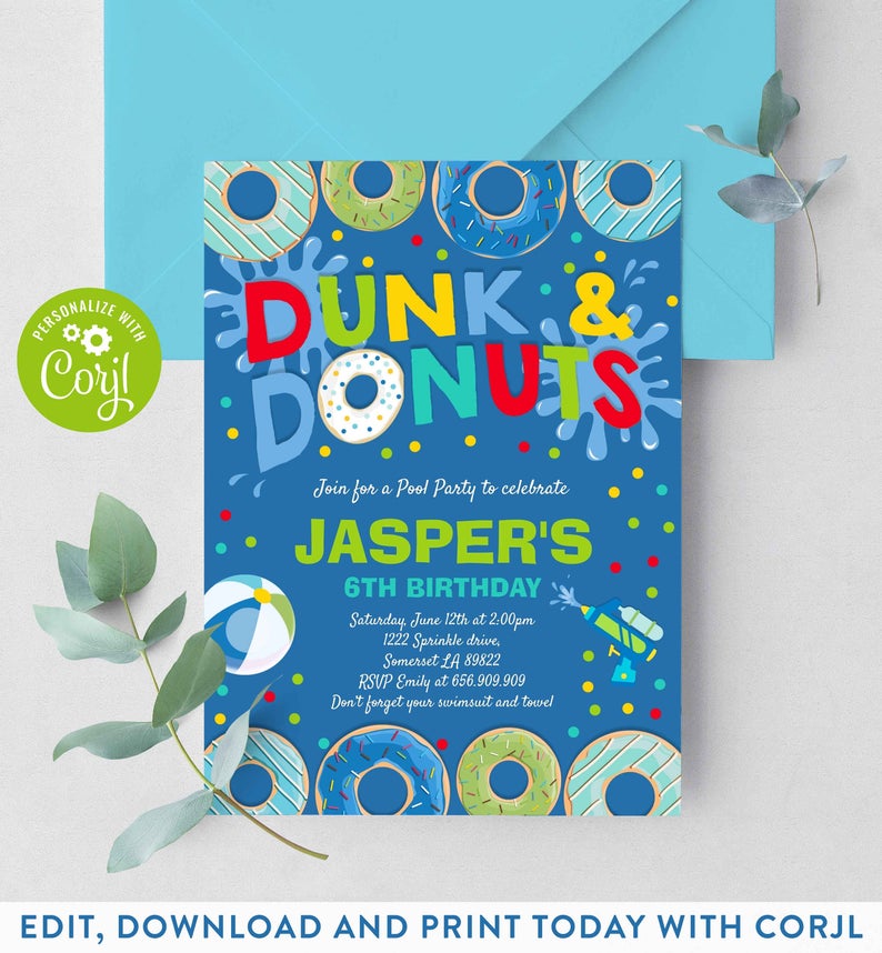 Dunk And Donuts Pool Party Invitation Donut Pool Party Invitation Donut Summer Pool Party Pool Party Bash Swimming Party Instant Download V7