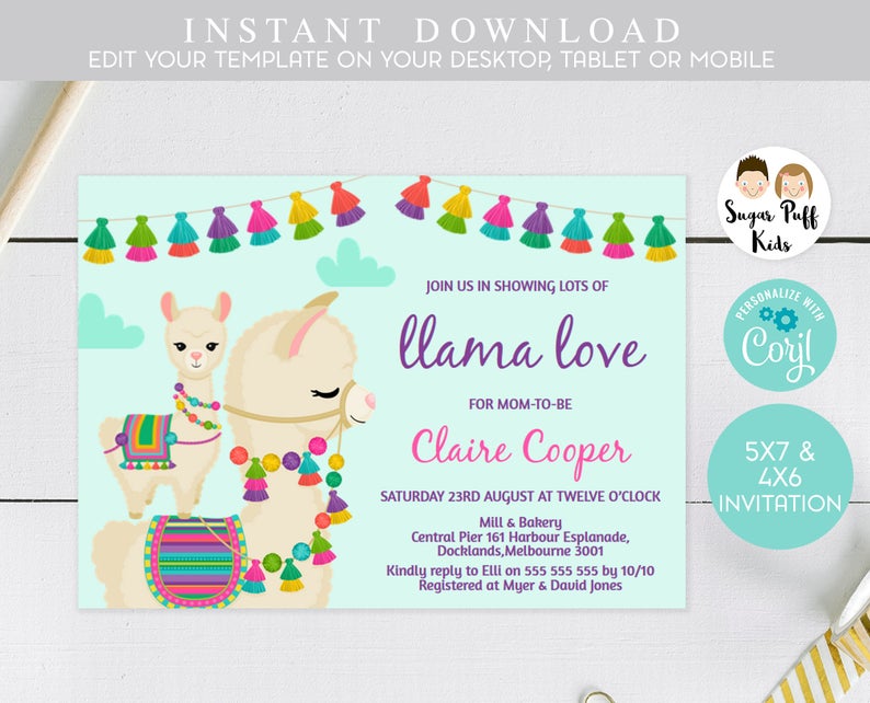 Llama baby shower invitation, Printable llama baby shower invitation, Llama Mama Baby Shower Invitations, Llama Love Baby Shower Invitations