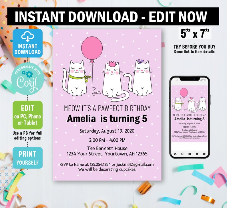 Cat Birthday Invitation, Edit in Corjl, Kitty Cat Party Invitation, Kitten Birthday Invitation, kitten, cat, template, digital