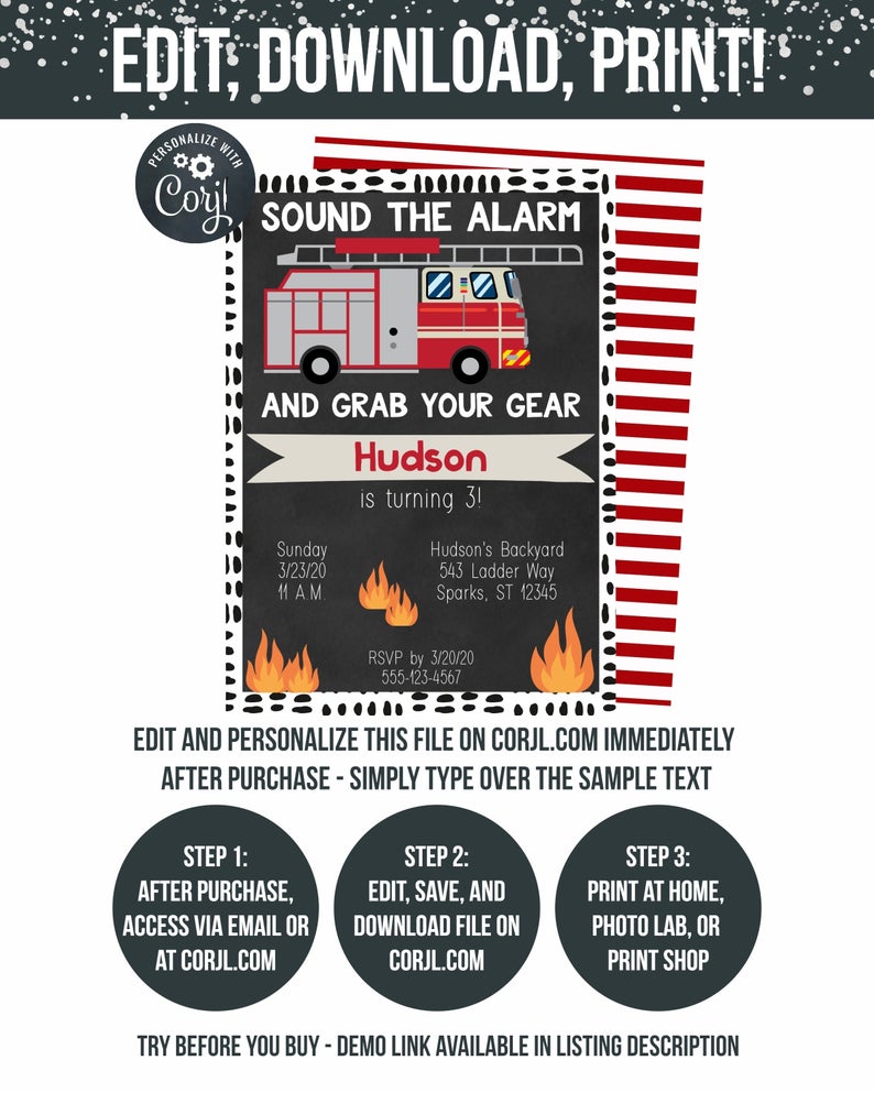 Firefighter Birthday – Fireman Invitation – Corjl Invitations – Instant Access