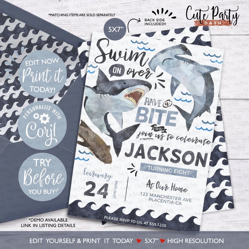 INSTANT DOWNLOAD – EDITABLE Sharks Birthday Invitation Shark Attack invitation Under the sea Birthday Party Pool party corjl invitation