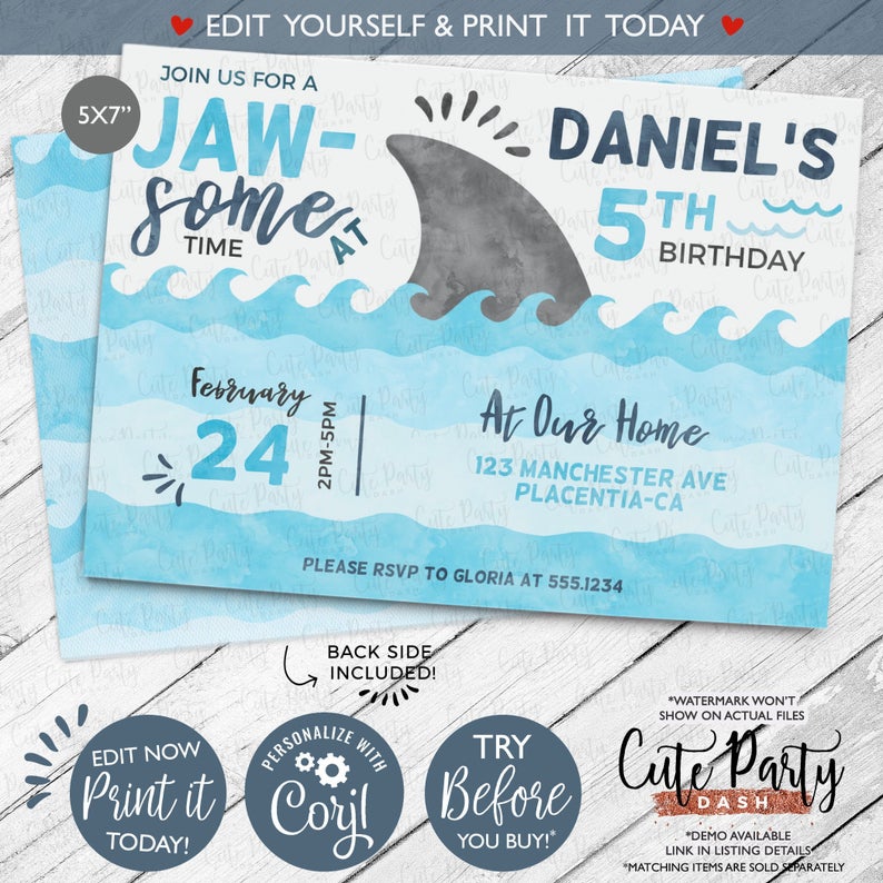 INSTANT DOWNLOAD – EDITABLE Sharks Birthday Invitation Shark Attack invitation Under the sea Birthday Party Pool party corjl invitation Wave