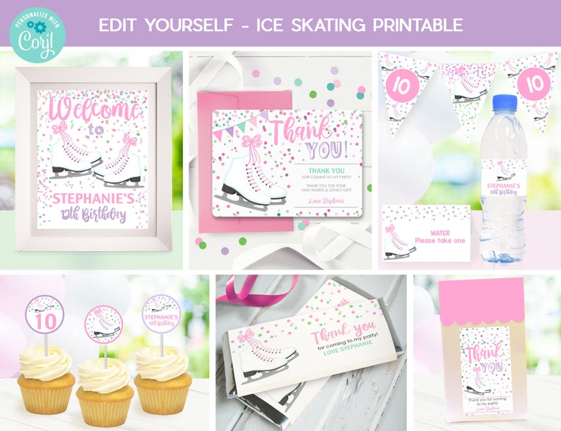 ICE SKATING PARTY Package Instant download Ice Skating Printable Girl Ice Skating Party Editable Ice Skating Decorations Pink Ice Skating