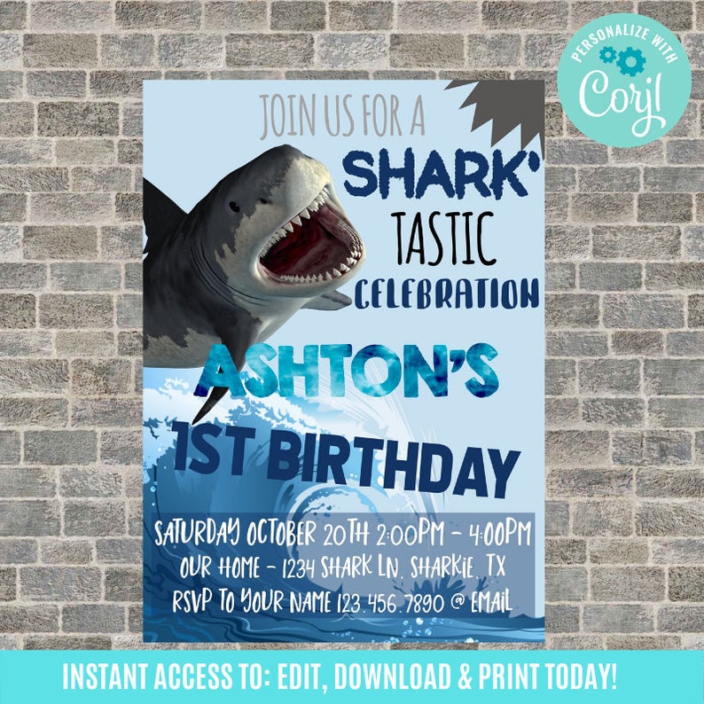Shark Birthday Invitation, Shark Invitation, Shark Birthday Party