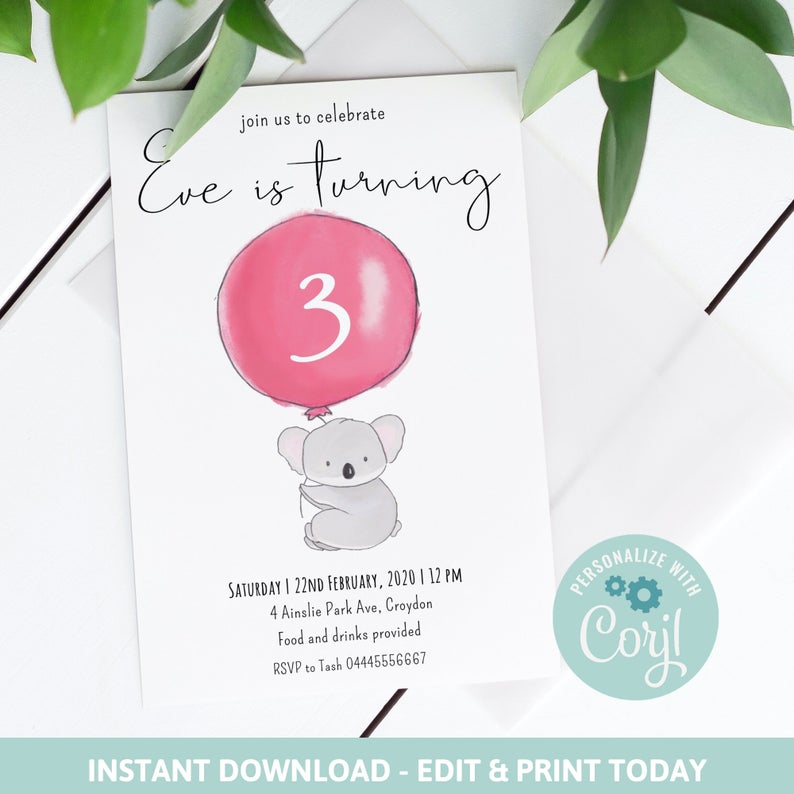 Australian animals Koala Invitation, Simple Invitation, Thank you card, 1st birthday, Cute Koala, Koala Nursery, Pink Girl Birthday, KP-4