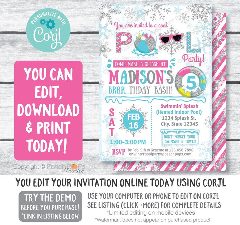 Winter Pool Party Birthday Invitation – Snow Swimming Pool – Pink – ANY Age – Glitter – DIGITAL Printable Editable Invite 5″x7″ – Edit NOW!