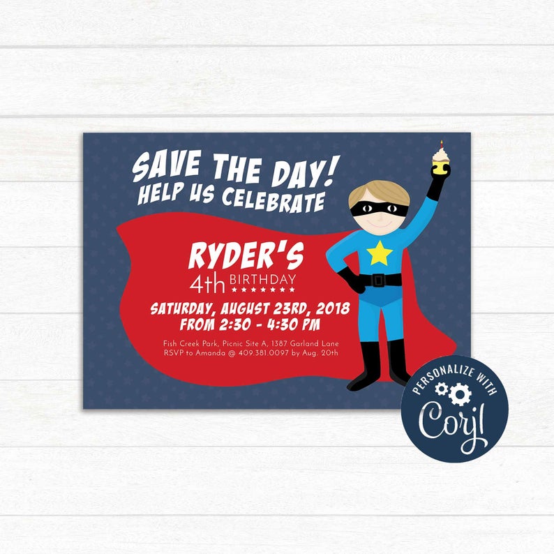 Superhero Birthday Invitation for Boys, Editable Superhero Invitation Template
