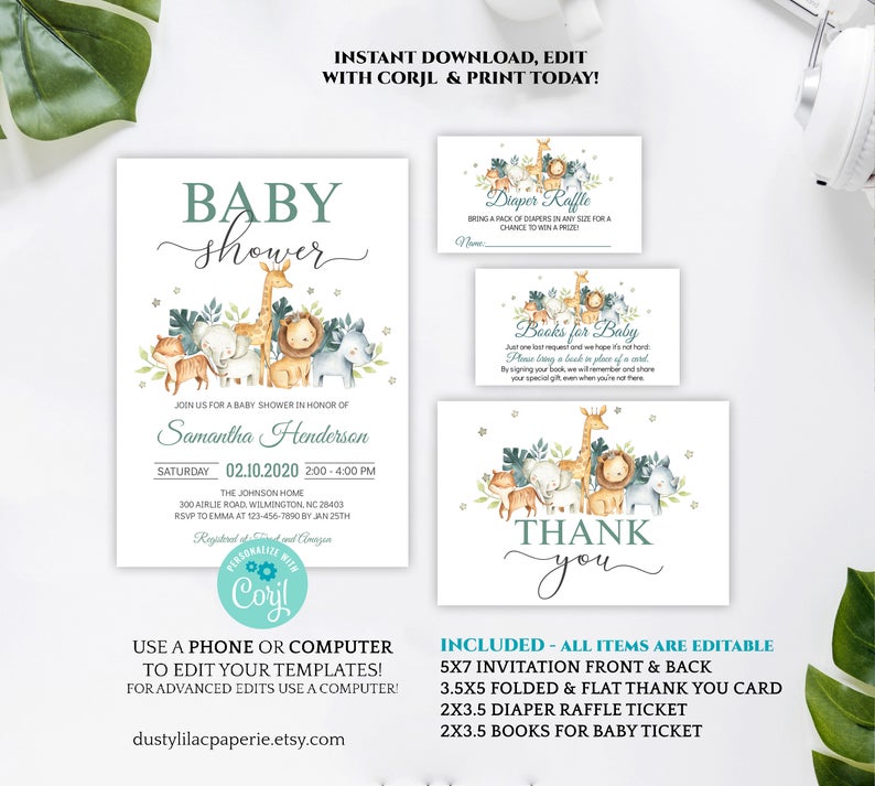 safari animals baby shower invite set, editable jungle theme gender neutral baby shower invitation, greenery tropical leaves DLPB36