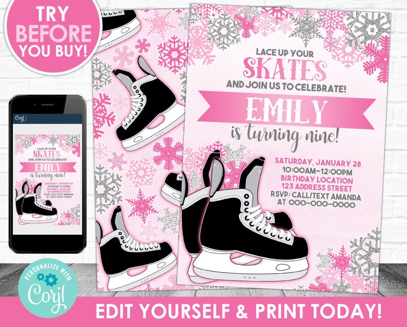 Skating Birthday Invitation, Figure Skating Invitation, Skates Editable Invitation, Winter Party Invite Corjl S0069 (Pdf / Jpg file only)