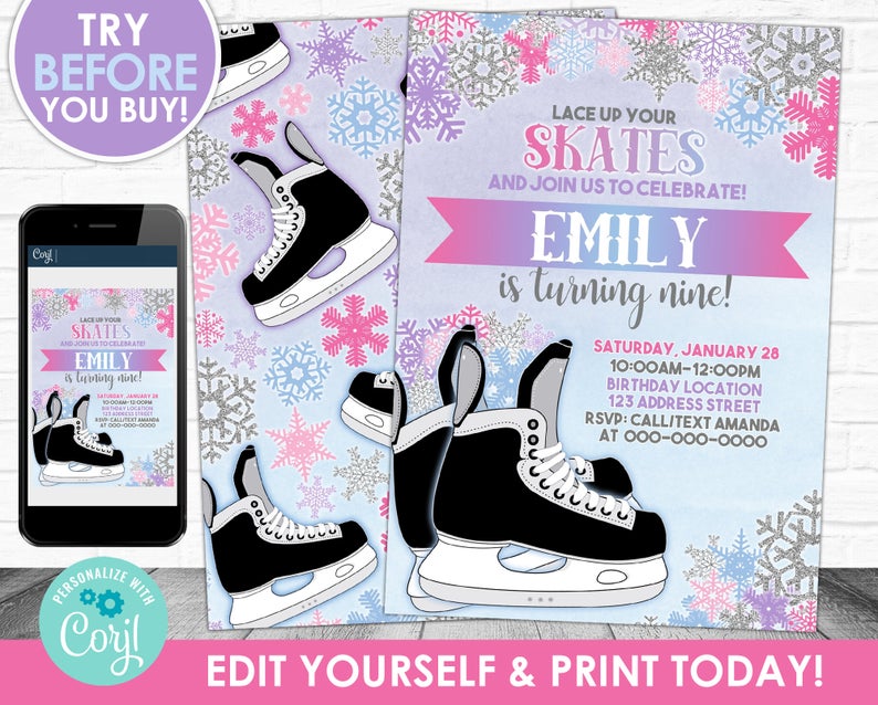 Skating Birthday Invitation, Figure Skating Invitation, Skates Editable Invitation, Winter Party Invite Corjl S0070 (Pdf / Jpg file only)