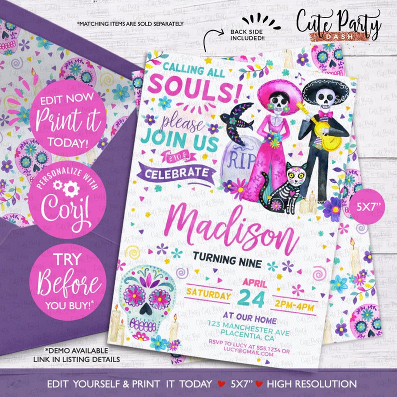 INSTANT DOWNLOAD – EDITABLE Day of the Dead Birthday Invitation Dia de los muertos Birthday corjl invitation Printable halloween skeleton