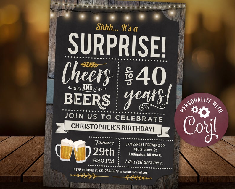 40th Cheers and Beers Surprise Birthday Party Invitation – FORTY – Chalkboard Wood Digital INSTANT Download Editable adult mens male guys