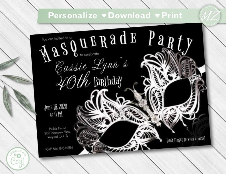 Masquerade Invite, Masquerade Invitation EDITABLE template, black Silver Mask Birthday, graduation, quinceanera Mask Corjl Printable Invites