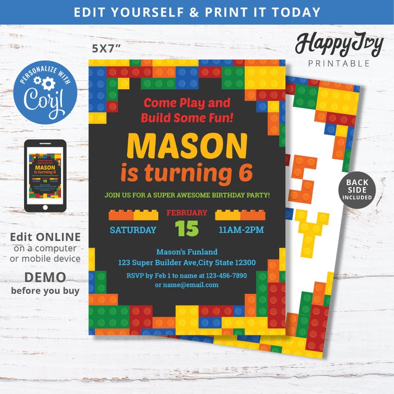 Building Block Party Invitation, Bricks Play Time Birthday Invite, Red Blue Yellow, Editable Template INSTANT Access, Edit Yourself